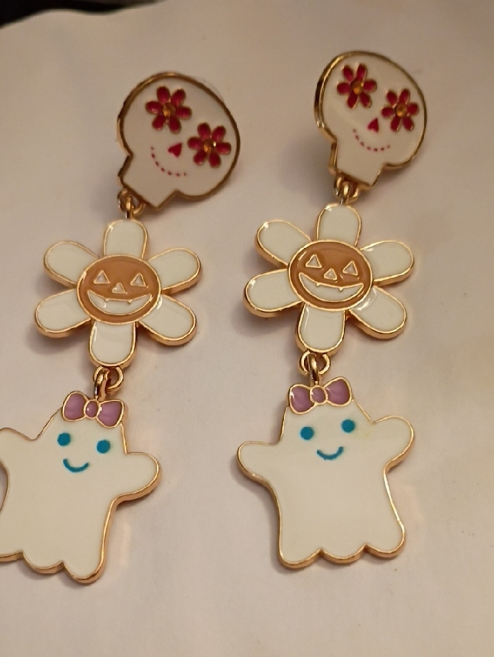 Cute White Ghost & Flower Dangle Earrings